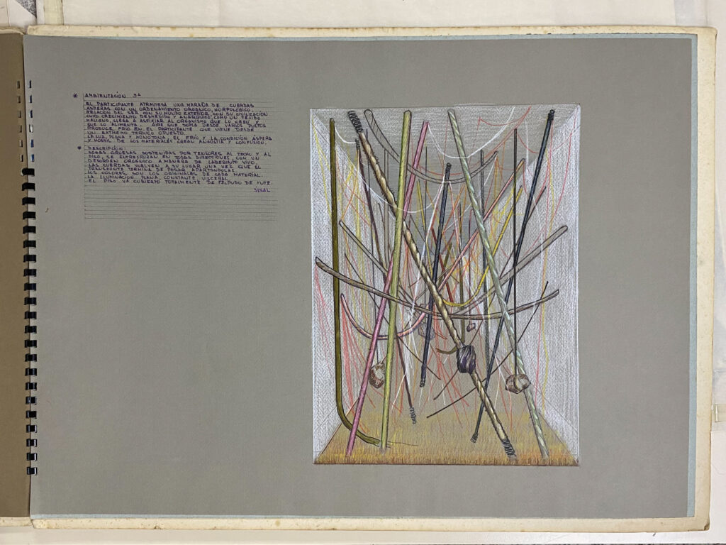 William Stone. “Ambientación 3ra.” [dibujo preparatorio] en Piel a piel. Dorrego, Mazzei, Römer, Socorro, Stone, Zabala, sin fecha. Lápiz, creyón y marcador sobre cartulina. Colección C&FE, Caracas, [p. 3].
