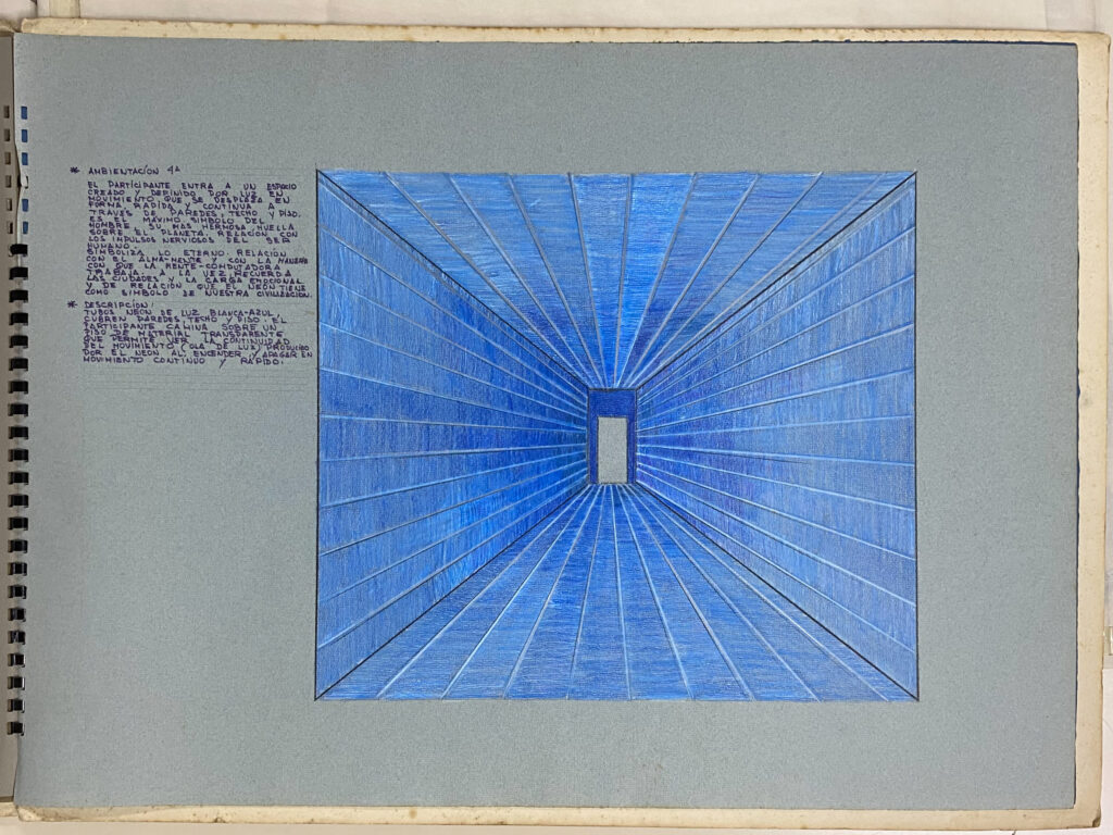 William Stone. “Ambientación 4ta.” [dibujo preparatorio] en Piel a piel. Dorrego, Mazzei, Römer, Socorro, Stone, Zabala, sin fecha. Lápiz, creyón y marcador sobre cartulina. Colección C&FE, Caracas, [p. 4].