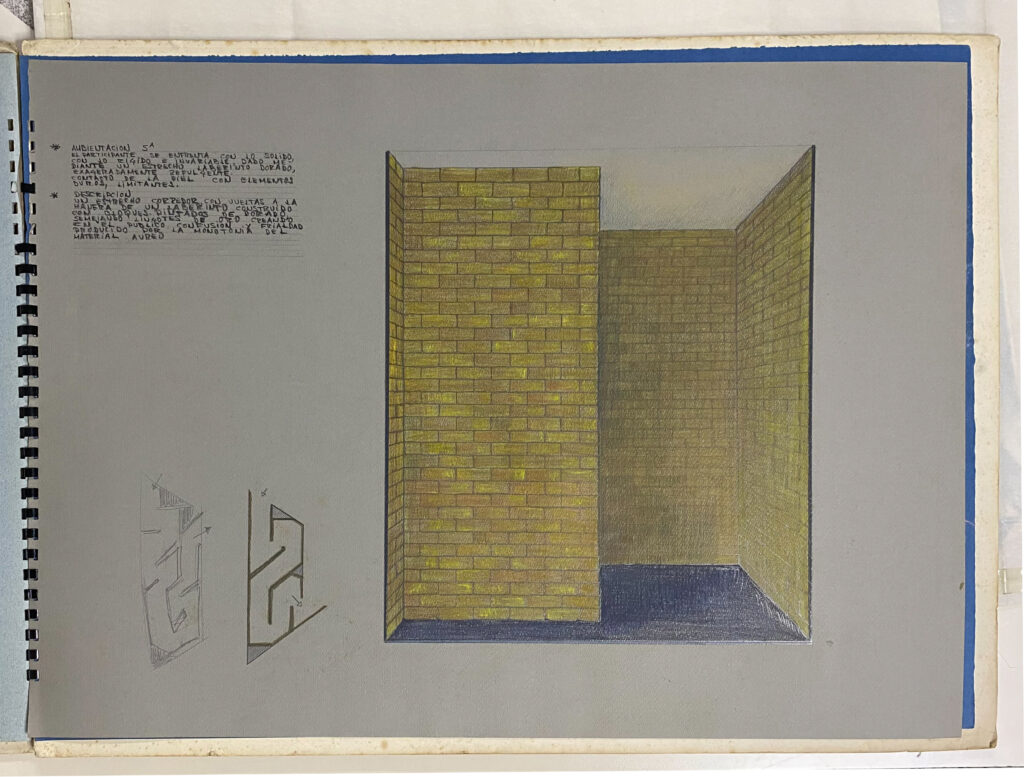 William Stone. “Ambientación 5ta.” [dibujo preparatorio] en Piel a piel. Dorrego, Mazzei, Römer, Socorro, Stone, Zabala, sin fecha. Lápiz, creyón y marcador sobre cartulina. Colección C&FE, Caracas, [p. 5].