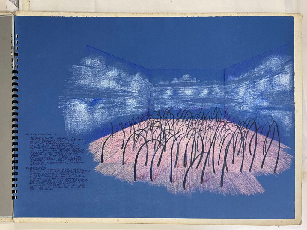 William Stone. “Ambientación 6ta.” [dibujo preparatorio] en Piel a piel. Dorrego, Mazzei, Römer, Socorro, Stone, Zabala, sin fecha. Lápiz, creyón y marcador sobre cartulina. Colección C&FE, Caracas, [p. 6].