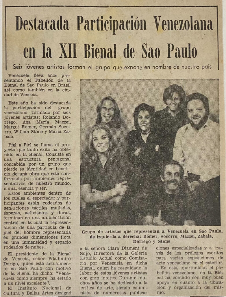 “Destacada participación venezolana en la XII Bienal de São Paulo”. En: El Nacional. Caracas, 11 de octubre de 1973.