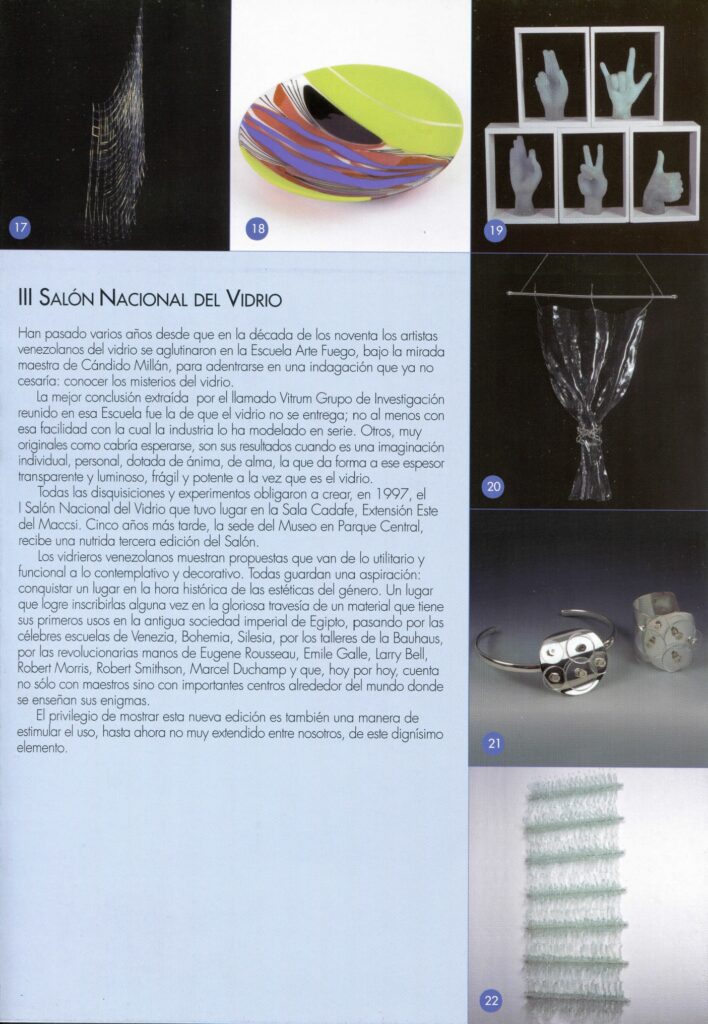 Salón nacional del vidrio. III Edición [catálogo], Museo de Arte Contemporáneo de Caracas Sofía Ímber, Caracas, 2002.