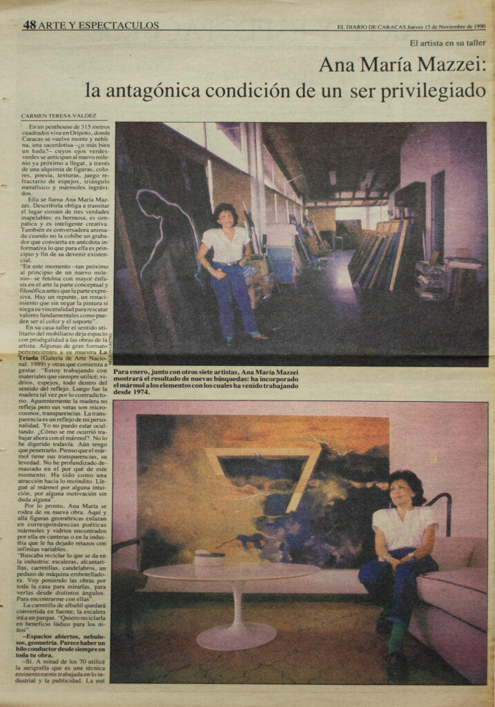 Carmen Teresa Valdez “Ana María Mazzei: la antagónica condición de un ser privilegiado”. En: El Diario de Caracas, 1990.