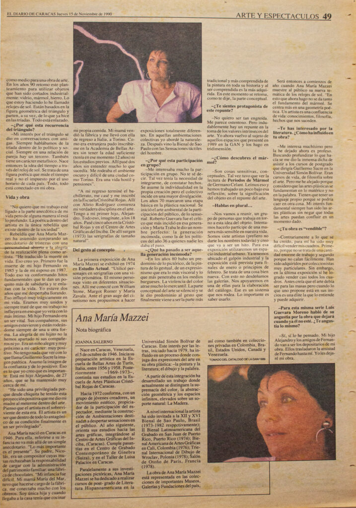 Carmen Teresa Valdez “Ana María Mazzei: la antagónica condición de un ser privilegiado”. En: El Diario de Caracas, 1990.