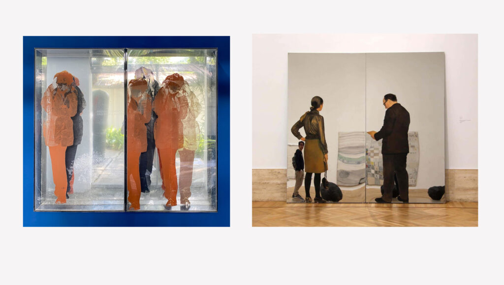 Izq. Ana María Mazzei, Progresión real virtual II, 1972. Serigrafía sobre espejo en caja de acrílico, 124 x 69 x 12 cm.  Der. Michelangelo Pistoletto, Los visitantes, 1968. Óleo sobre 2 paneles de acero inoxidable pulido de 230 x 120 cm c/u. Colección Galleria Nazionale d’Arte Moderna. Foto tomada de: https://leonardoromanelli.it/michelangelo-pistoletto-il-riflesso-fatto-arte/